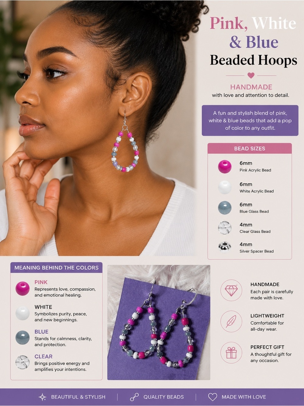 Pink, White & Blue Beaded Hoops | Handmade